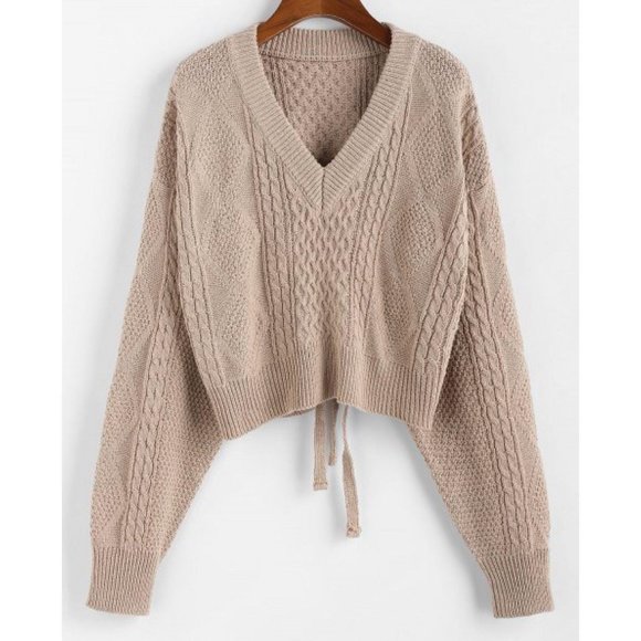 Zaful Sweaters - Tan V-Neck Cropped Boho Tie Waist Cable Knit Sweat